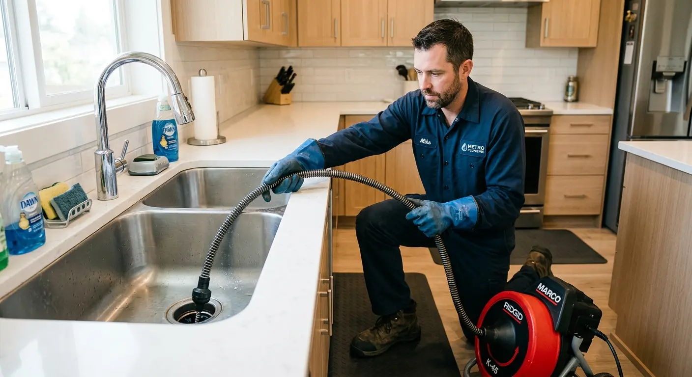 Drain cleaning technician using a motorized snake on a kitchen sink in Wheaton