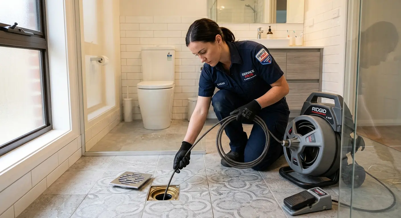 Technician clearing a bathroom floor drain for Hydro Jetting in Wheaton